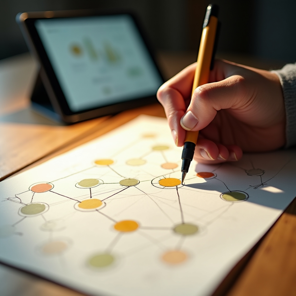 Detailní záběr na ručně kreslený diagram propojení obsahových stránek